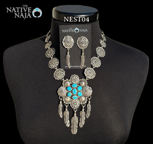 Navajo Jason B Sterling Silver & Kingman Large Concho Statement Necklace & Earring Set NEST04