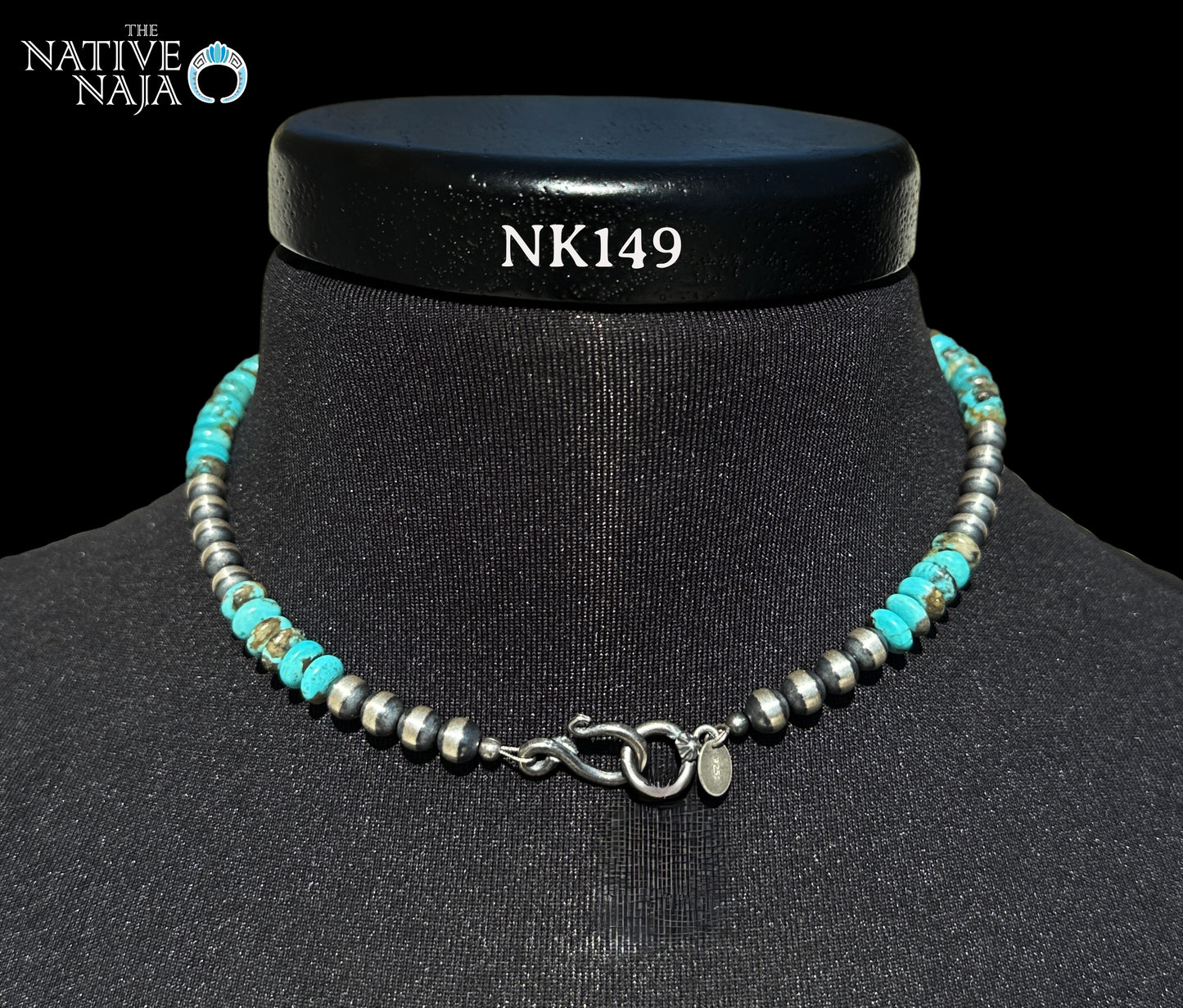 Beveled Genuine Turquoise Beads & 6mm Sterling Silver Navajo Pearl Necklace 16" NK149