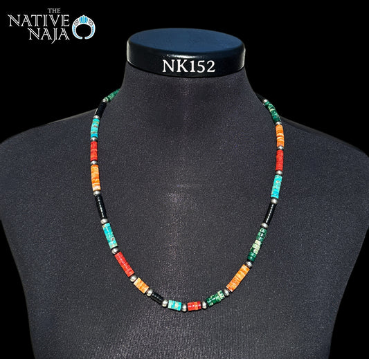 Navajo Artist Fred Archuleta Sterling Silver Multi Stone Heishi Beads & Navajo Pearls 24" Necklace NK152