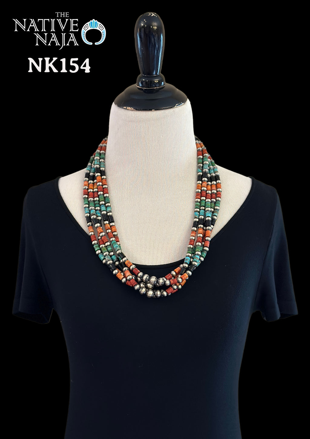Navajo Fred Archuleta Sterling Silver 5 Strand Multi Stone Heishi Beads & Navajo Pearl 24" Necklace NK154