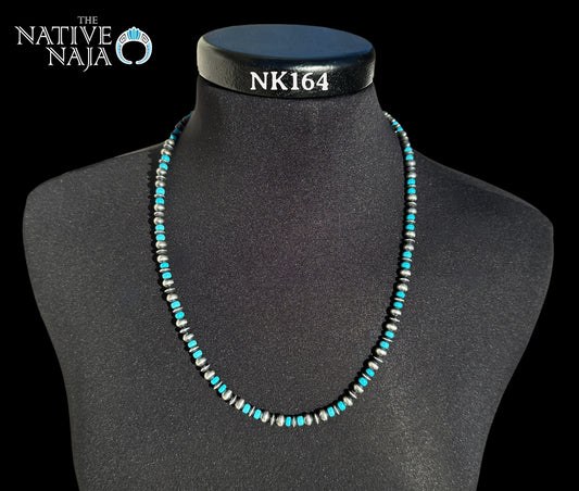 Navajo Hand Strung 6mm Sterling Silver Navajo Pearls & Turquoise Beads 24" Necklace NK164
