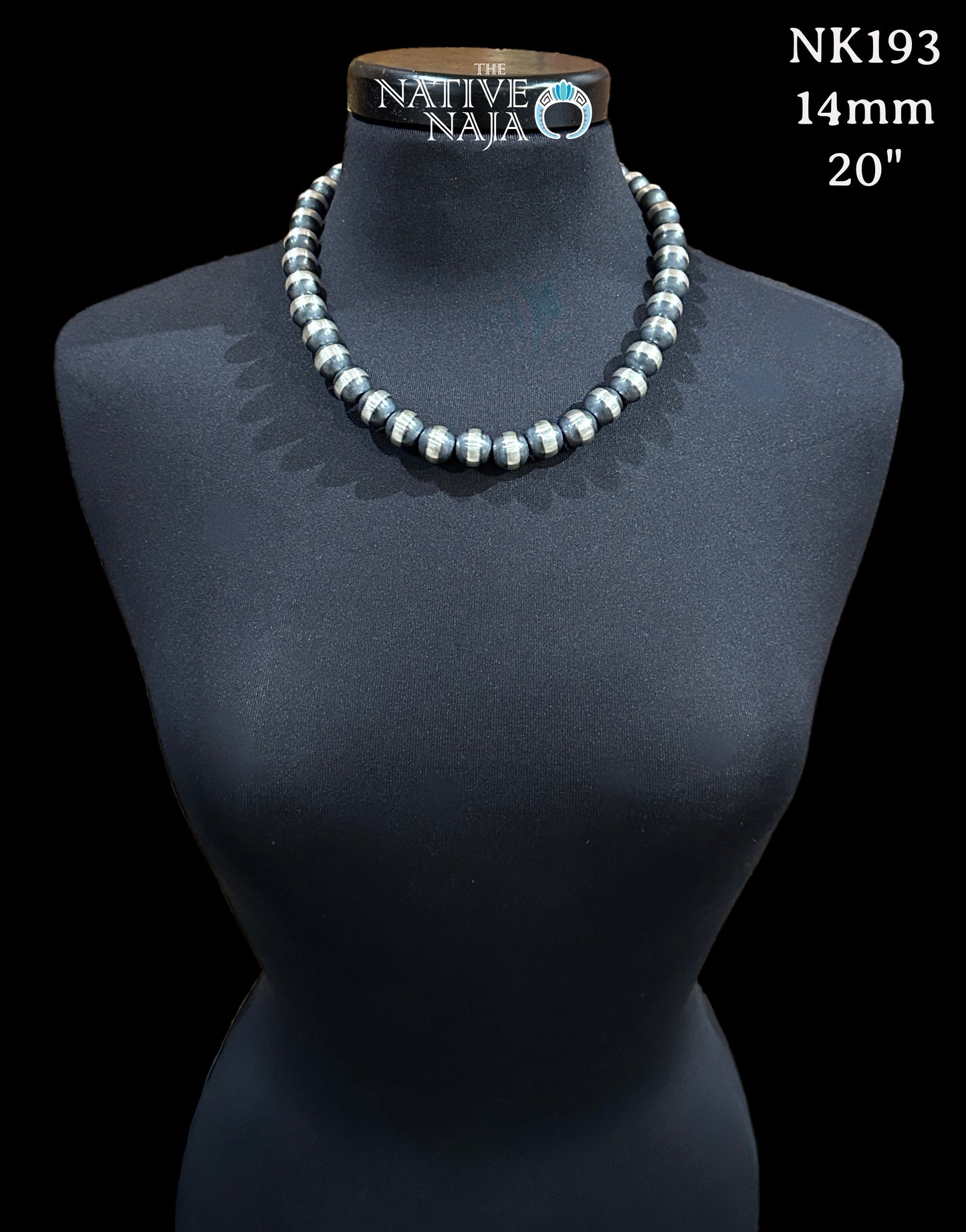 Large Navajo 14mm Machine-Made Sterling Silver Pearls Hand-Strung into a 20" Necklace NK193