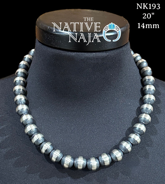 Large Navajo 14mm Machine-Made Sterling Silver Pearls Hand-Strung into a 20" Necklace NK193