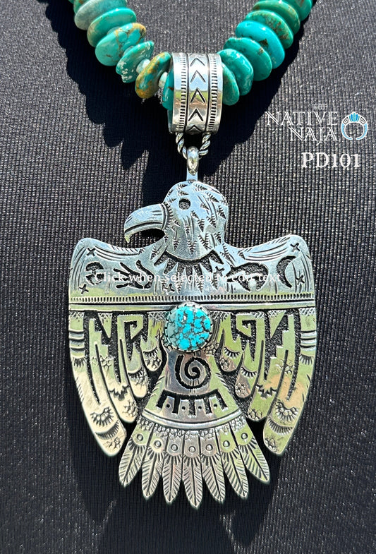 Amazing Navajo Artist Richard Singer Sterling Silver & Kingman Turquoise Large Thunderbird Pendant PD101