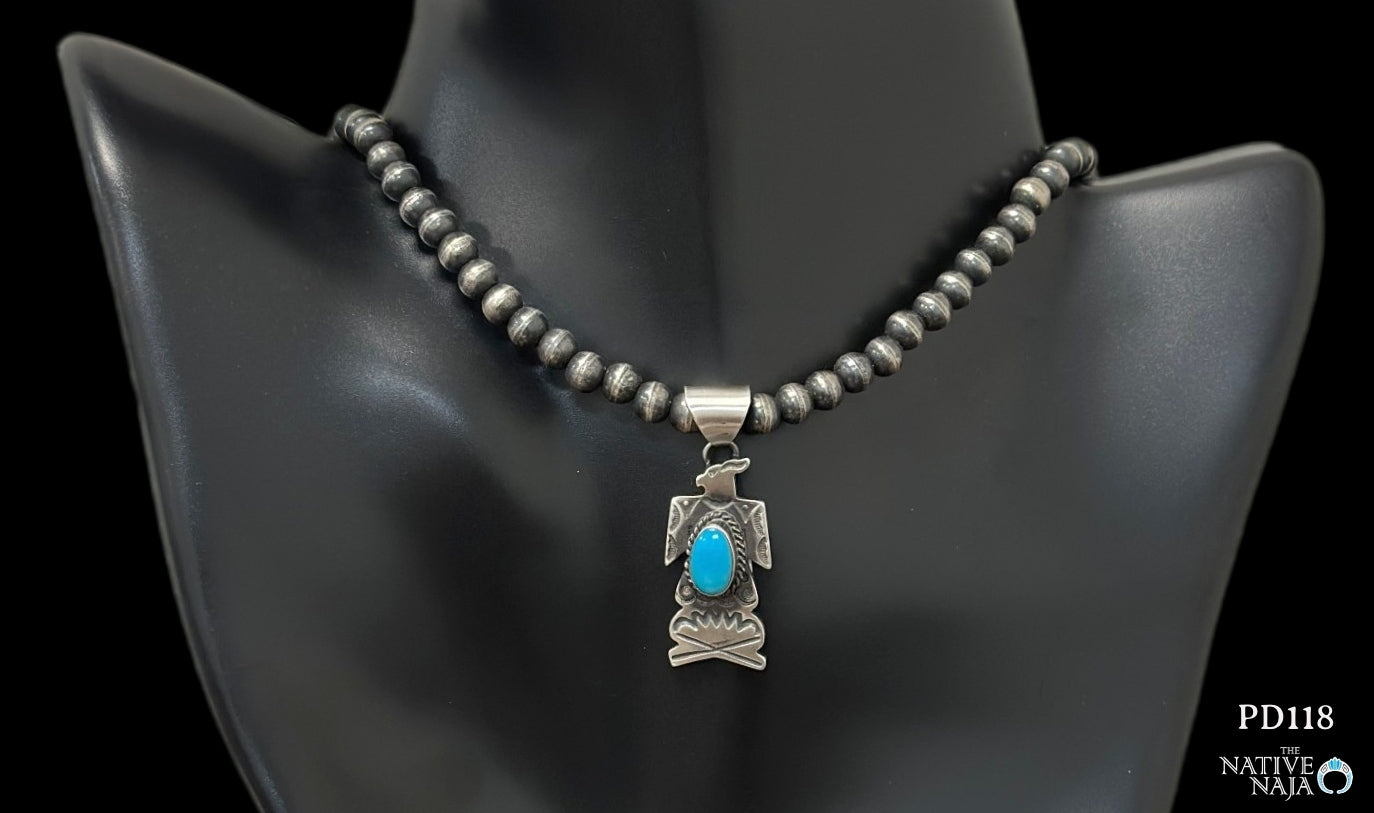Navajo Freda Martinez Sterling Silver & Kingman Turquoise Thunderbird Pendant PD118