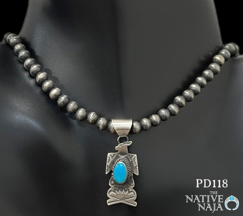 Navajo Freda Martinez Sterling Silver & Kingman Turquoise Thunderbird Pendant PD118