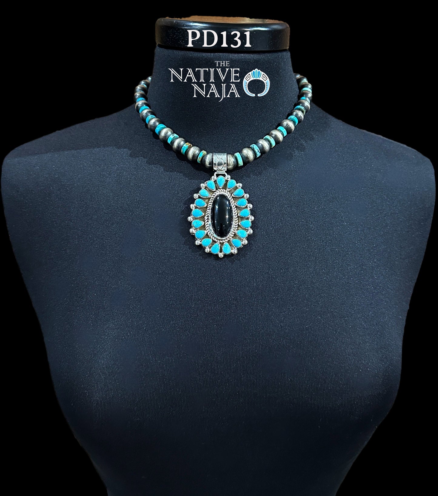 Navajo Darlene Begay Kingman Turquoise, Onyx & Sterling Silver Pendant PD131