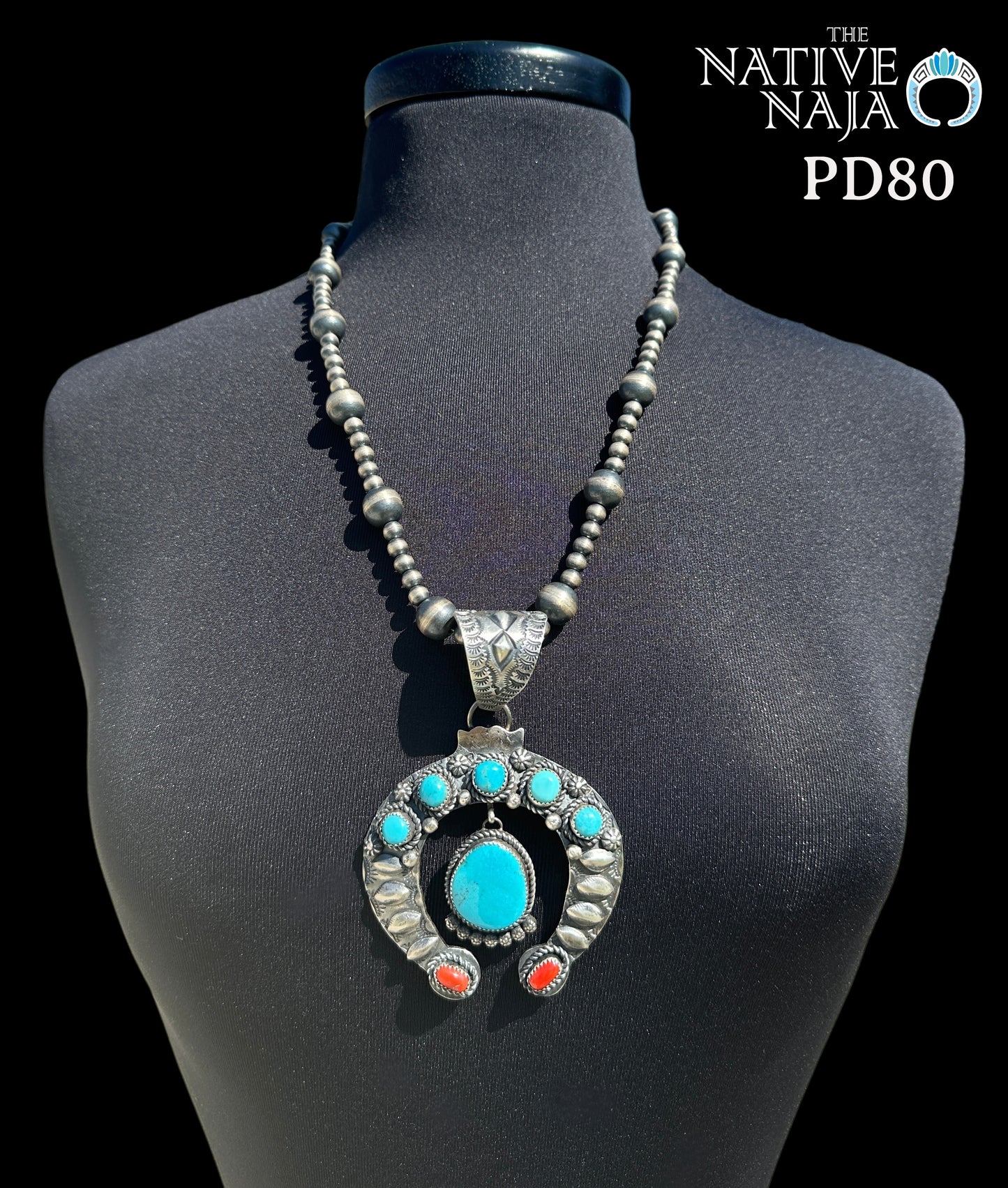 Large Navajo Randy Yazza Sterling Silver & Kingman Turquoise Coral Naja Pendant PD80