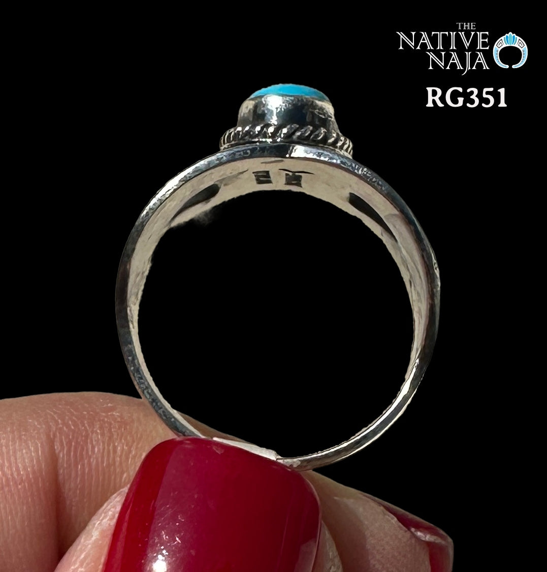 Navajo Artist Derrick Gordon Hand Stamped Sterling Silver & Sleeping Beauty Turquoise Wide Band Ring SZ 8 1/4 RG351