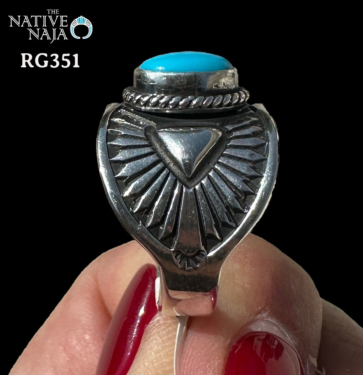 Navajo Artist Derrick Gordon Hand Stamped Sterling Silver & Sleeping Beauty Turquoise Wide Band Ring SZ 8 1/4 RG351