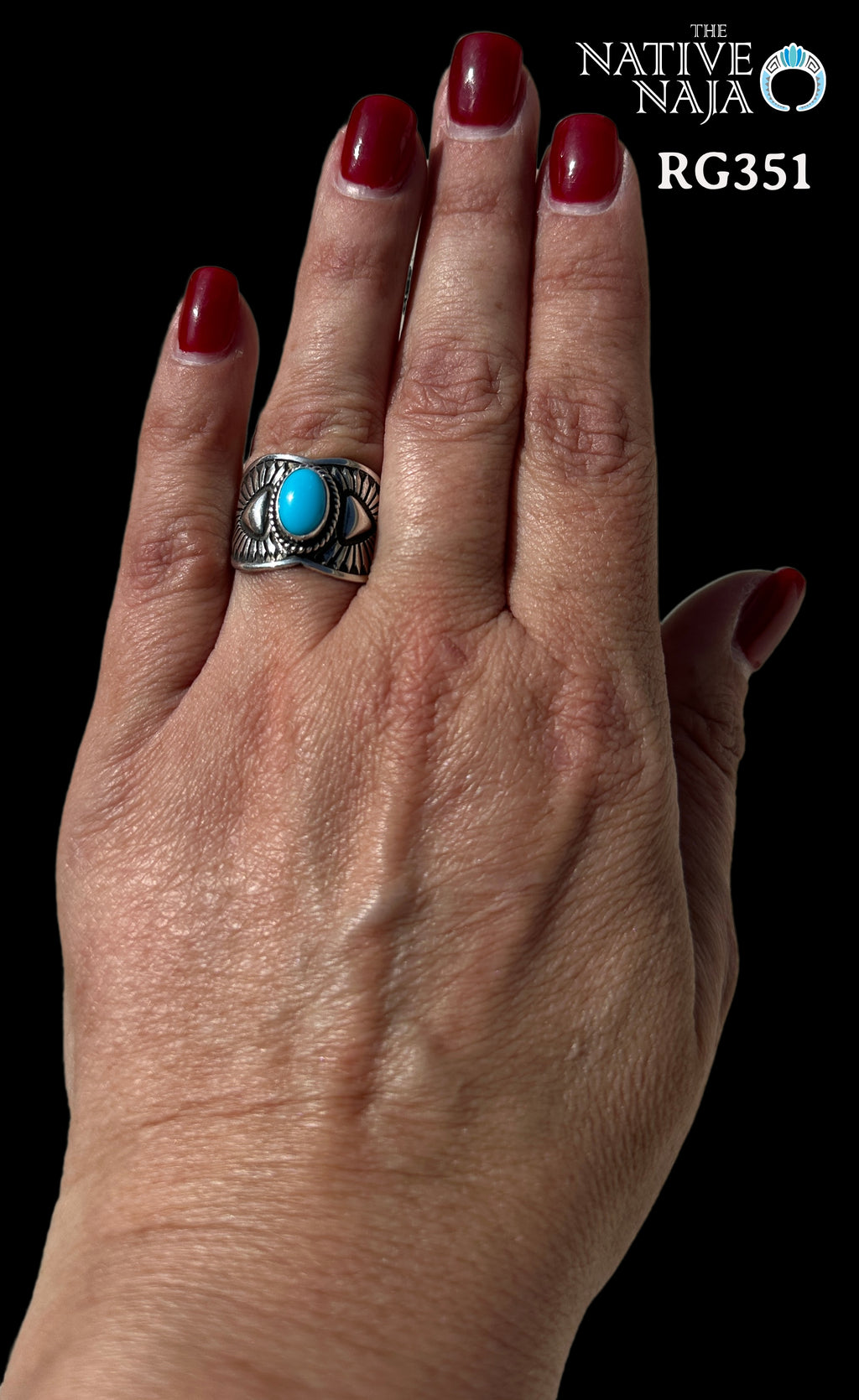 Navajo Artist Derrick Gordon Hand Stamped Sterling Silver & Sleeping Beauty Turquoise Wide Band Ring SZ 8 1/4 RG351