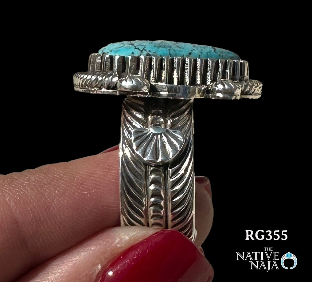 Navajo Artist Landon Secatero Wide Hand Stamped Sterling Silver & Kingman Turquoise Ring SZ 7 1/2 RG355