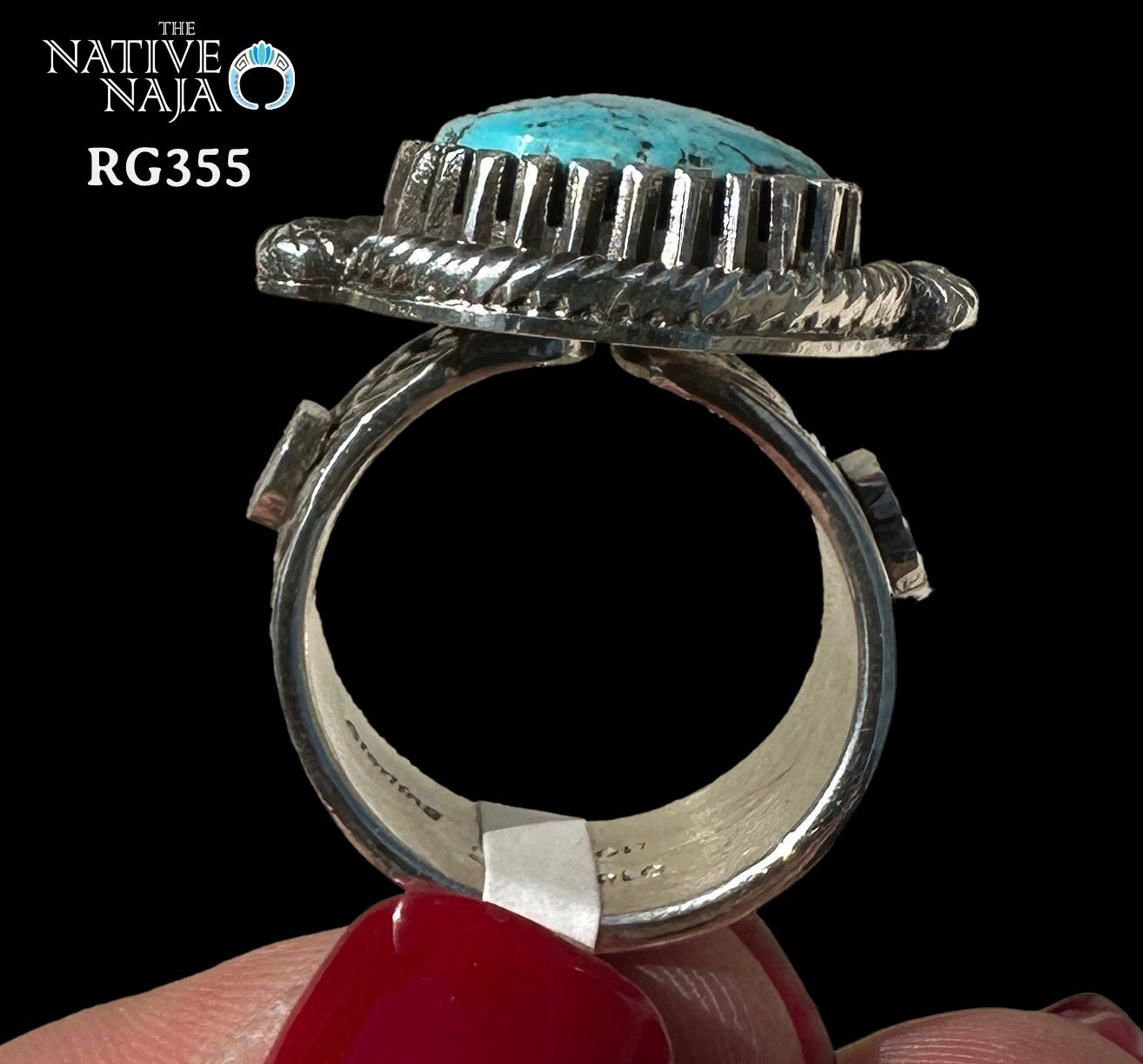 Navajo Artist Landon Secatero Wide Hand Stamped Sterling Silver & Kingman Turquoise Ring SZ 7 1/2 RG355