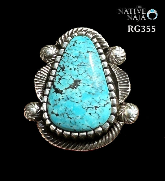 Navajo Artist Landon Secatero Wide Hand Stamped Sterling Silver & Kingman Turquoise Ring SZ 7 1/2 RG355