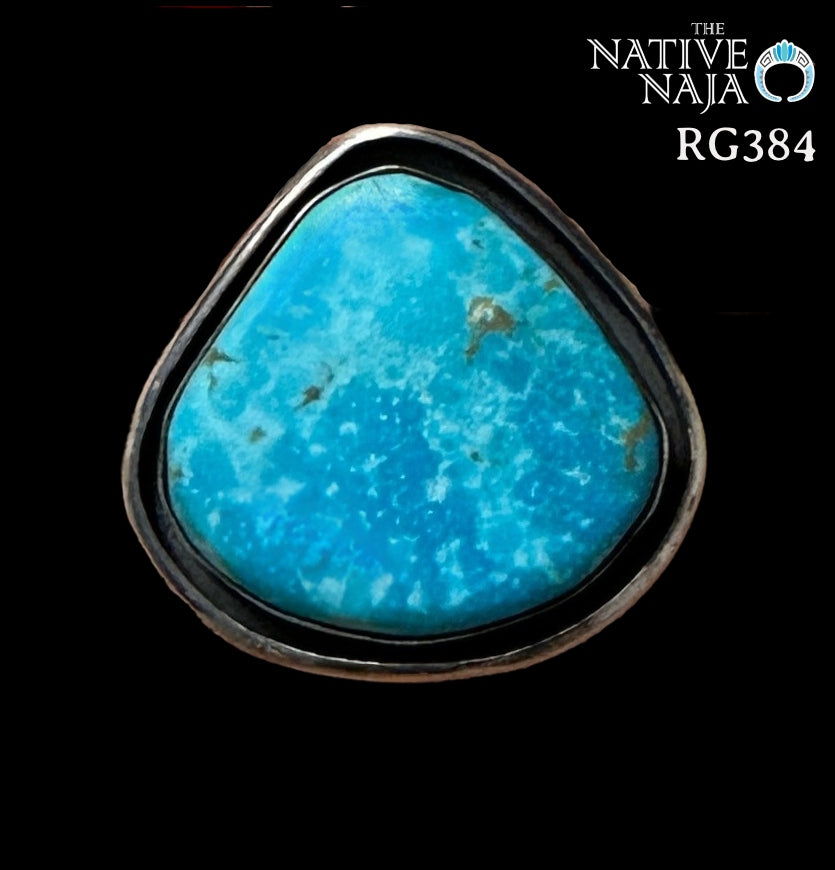 Large Chimney Butte Sterling Silver & Kingman Turquoise Shadow Box Ring SZ 7 1/2 RG384