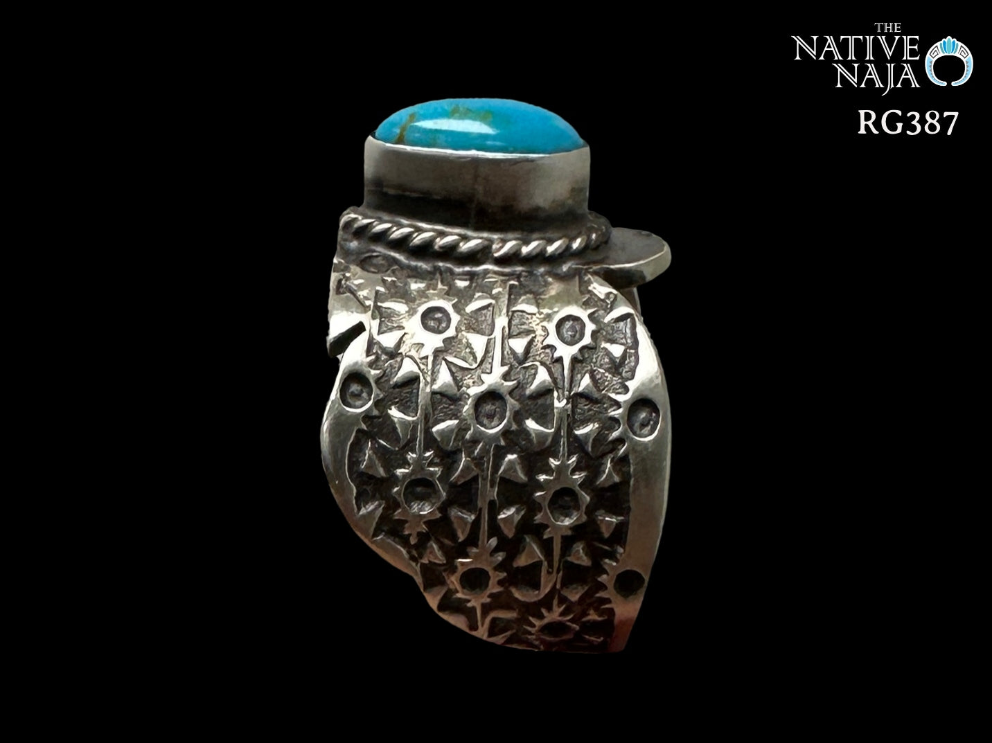 Navajo Freda Martinez Hand Stamped Sterling Silver & Kingman Turquoise Thunderbird Ring SZ 8 RG387