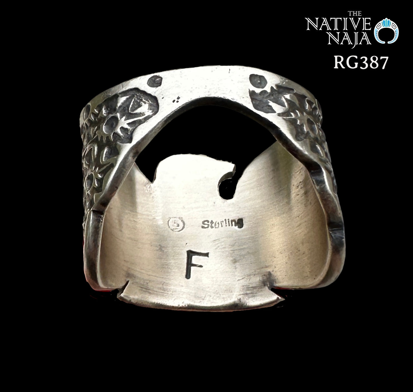 Navajo Freda Martinez Hand Stamped Sterling Silver & Kingman Turquoise Thunderbird Ring SZ 8 RG387