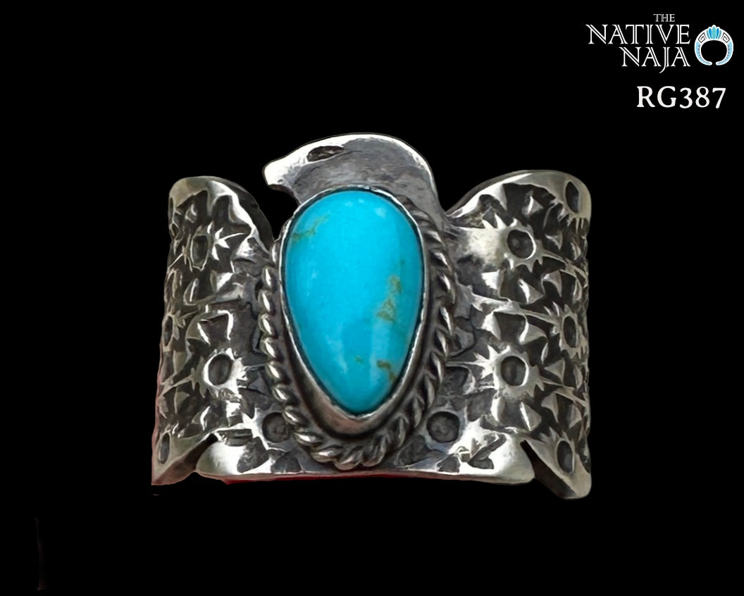 Navajo Freda Martinez Hand Stamped Sterling Silver & Kingman Turquoise Thunderbird Ring SZ 8 RG387