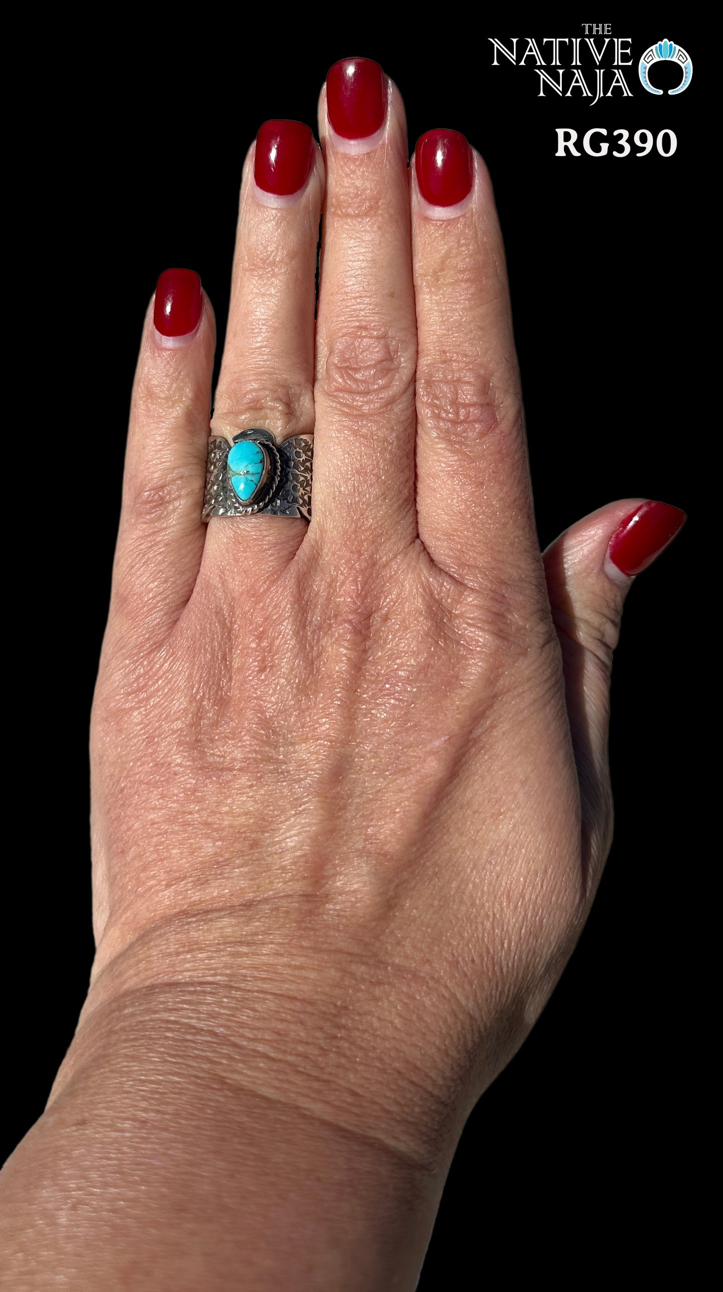 Navajo Freda Martinez Hand Stamped Sterling Silver & Kingman Turquoise Thunderbird Ring SZ 6 1/2 RG390