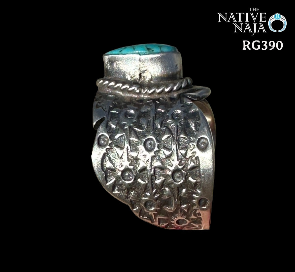 Navajo Freda Martinez Hand Stamped Sterling Silver & Kingman Turquoise Thunderbird Ring SZ 6 1/2 RG390