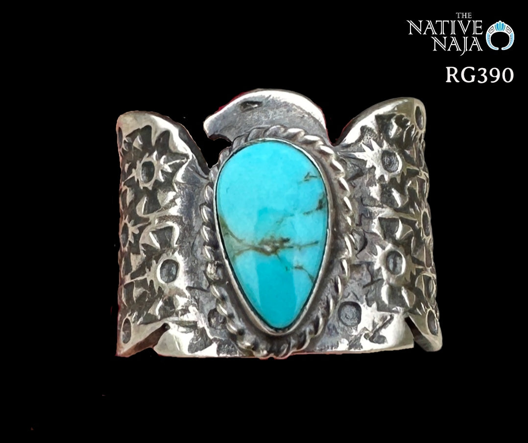 Navajo Freda Martinez Hand Stamped Sterling Silver & Kingman Turquoise Thunderbird Ring SZ 6 1/2 RG390