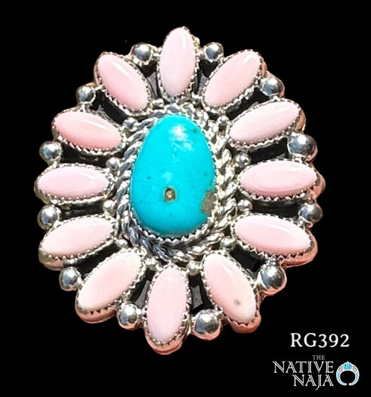 Navajo Brian Jones Pink Conch Kingman Turquoise Adjustable Ring RG392