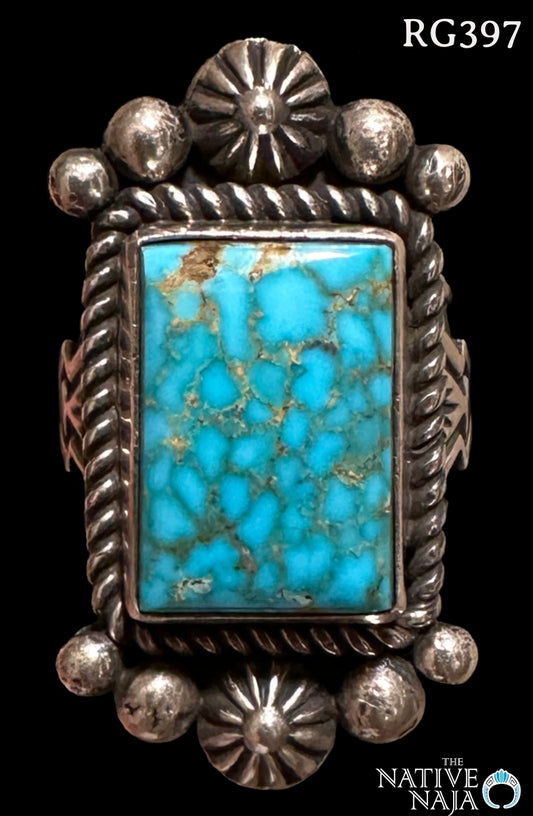Navajo Albert Jake Sterling Silver Spiderweb Kingman Turquoise Ring SZ 6 3/4 RG397