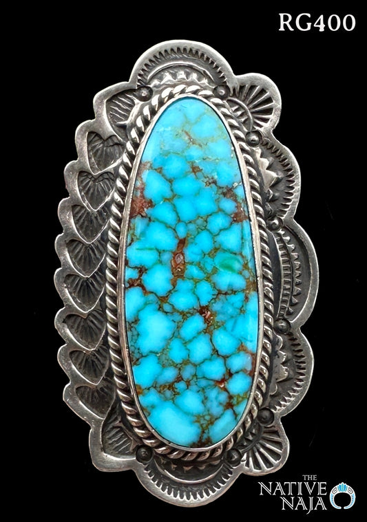 Navajo Happy Piasso Sterling Silver Spiderweb Kingman Turquoise Ring SZ 8 RG400