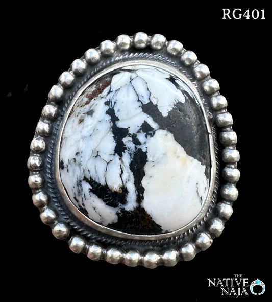 Navajo Signed Shadow Box Sterling Silver White Buffalo Ring SZ Adjustable RG401