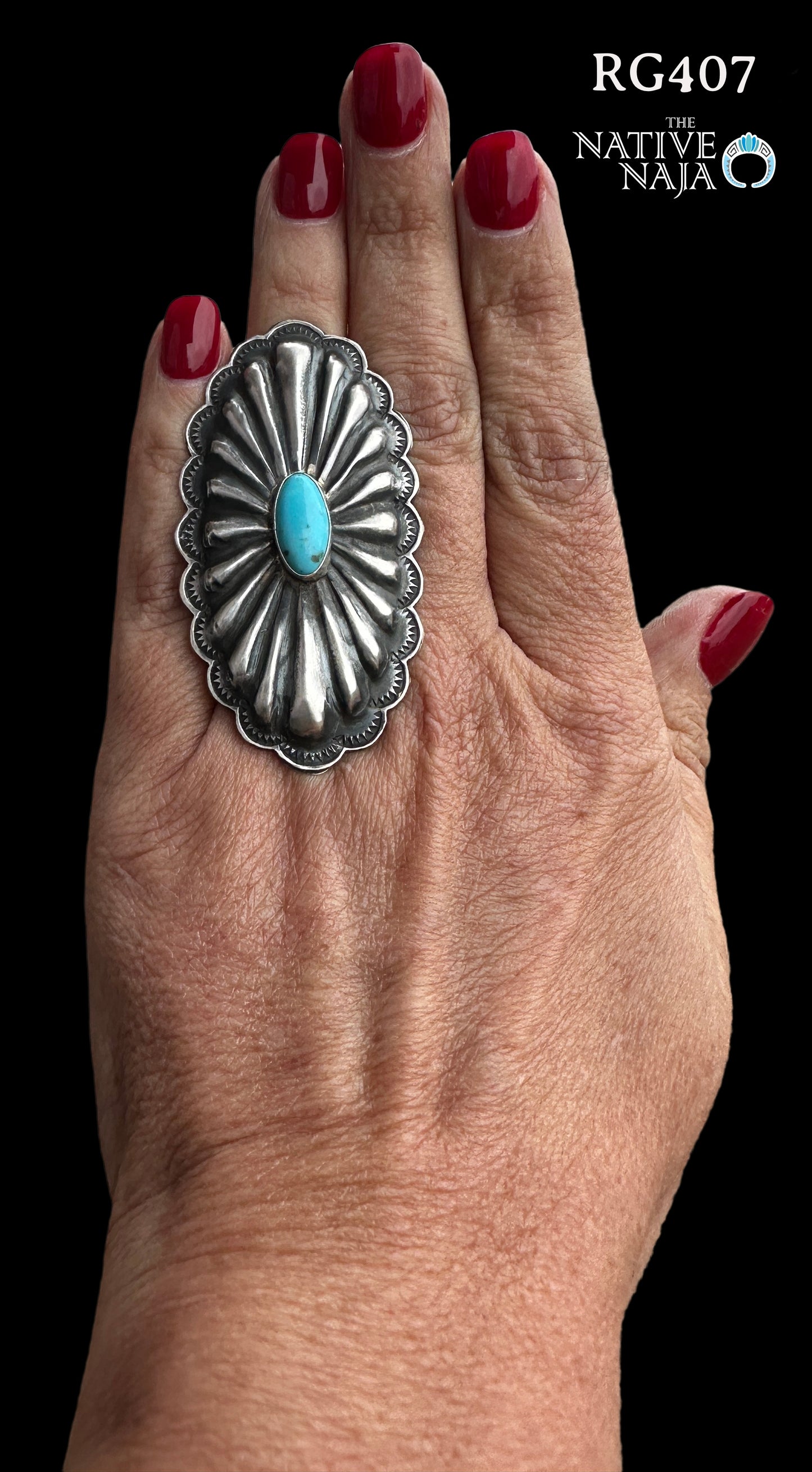 Large Navajo Rita Lee Kingman Turquoise & Sterling Silver Concho Ring Size 7 1/4 RG407