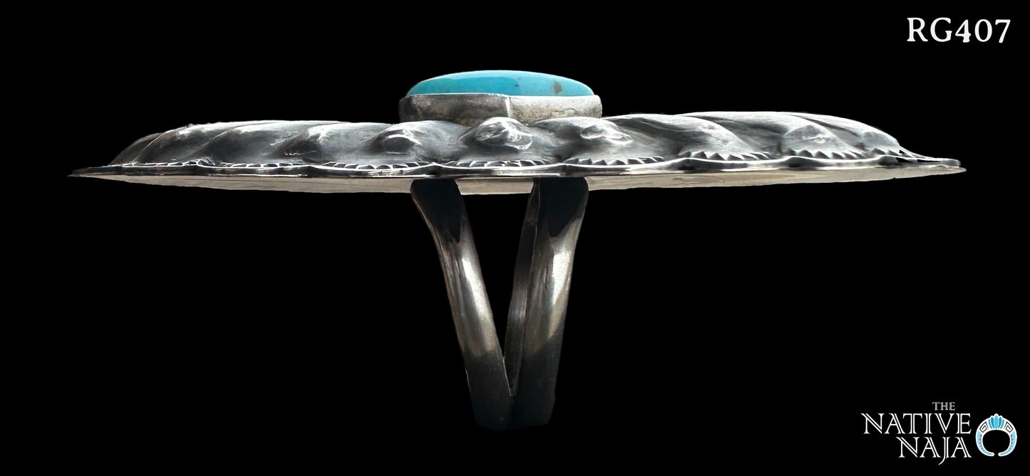 Large Navajo Rita Lee Kingman Turquoise & Sterling Silver Concho Ring Size 7 1/4 RG407