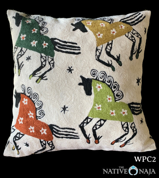 Kashmir Dancing Horses 18"X 18" Wool Designer Art Pillow Cover WPC2