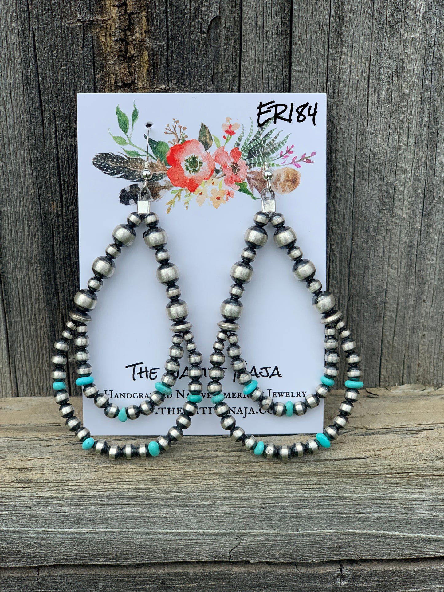 Large Oxidized Sterling Silver Navajo Pearls & Genuine Turquoise French Hook Hoop Earrings ER184