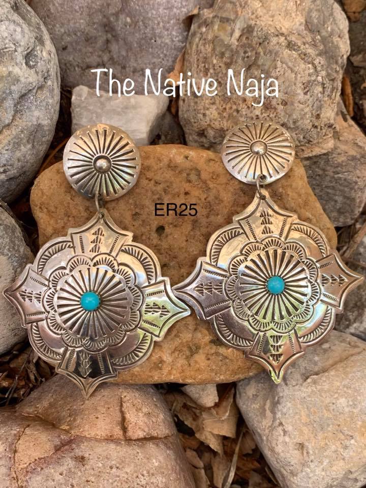 Navajo Sterling Silver & Genuine Turquoise Concho Earrings ER25