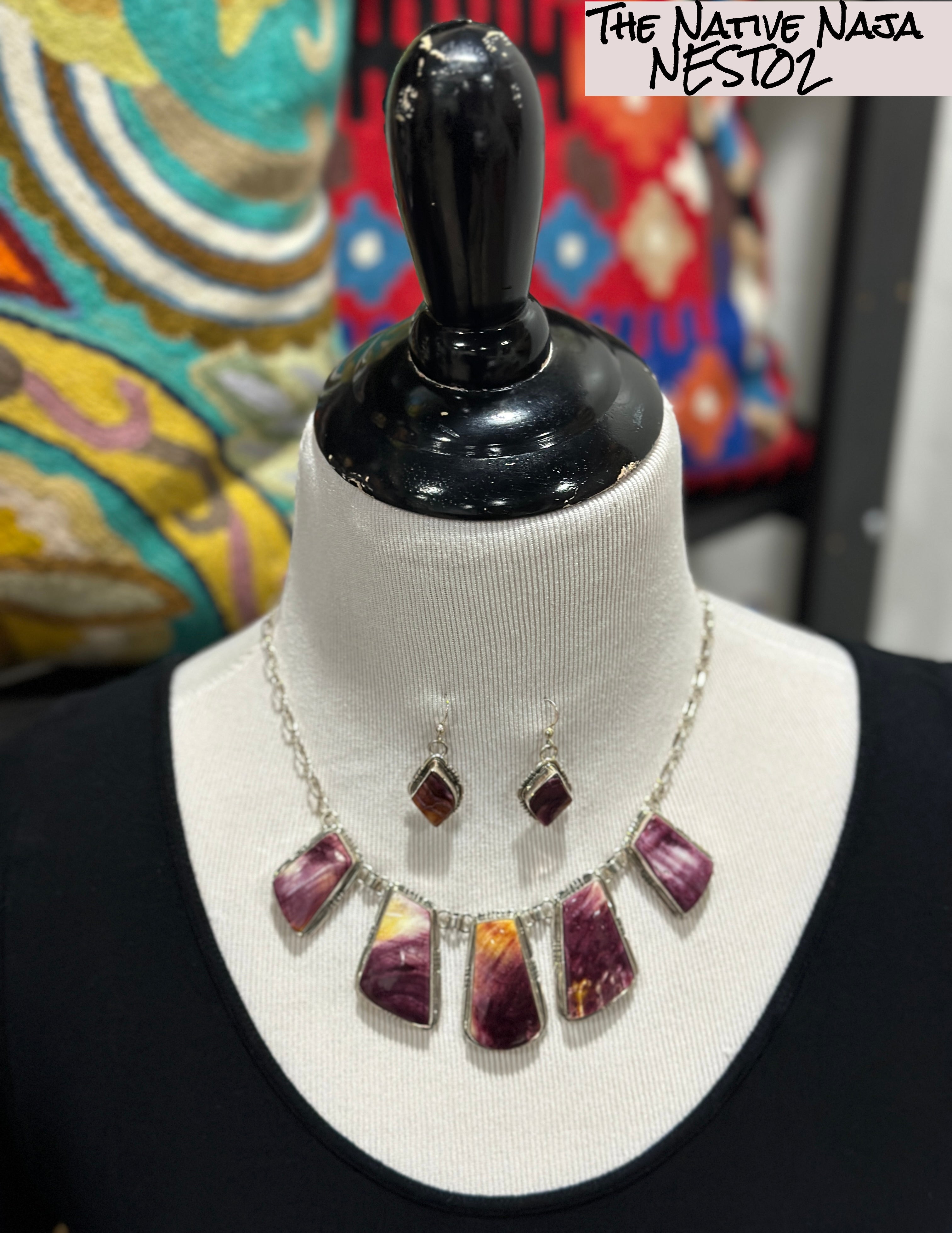 Navajo Samson Edsitty Sterling Silver & Purple Spiny Oyster Necklace & Earring Set NEST02