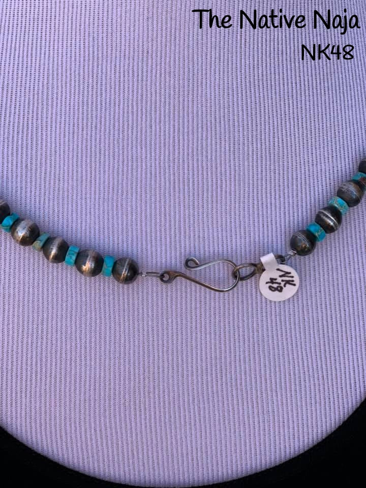 32" Chimney Butte Kingman Turquoise Heishi Bead & Sterling Silver Navajo Pearls NK48