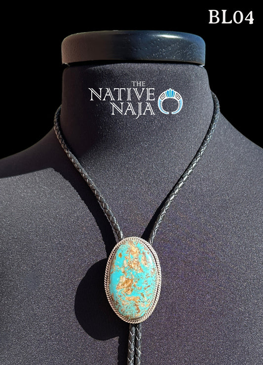 Navajo Benny Benally Sterling Silver & Royston Turquoise Braided Leather Bolo Tie BL04