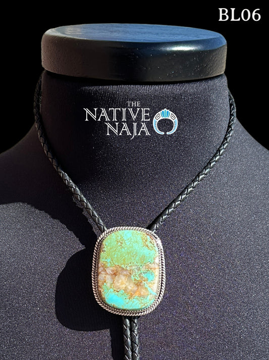 Navajo Benny Benally Sterling Silver & Royston Turquoise Braided Leather Bolo Tie BL06