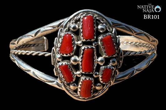 Navajo Melvin Chee Sterling Silver & Coral Cluster Cuff Bracelet BR101