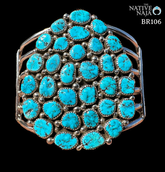 Navajo Marlene Haley Sterling Silver & Kingman Turquoise Cluster Cuff Bracelet BR106