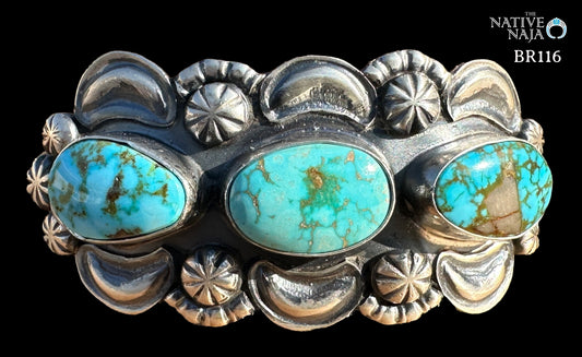 Navajo Jeff James Sterling Silver & Kingman Turquoise Cuff Bracelet BR116