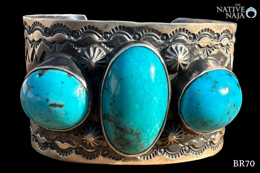 Navajo Chimney Butte LRG 3 Stone Kingman Turquoise & Sterling Silver Cuff Bracelet BR70