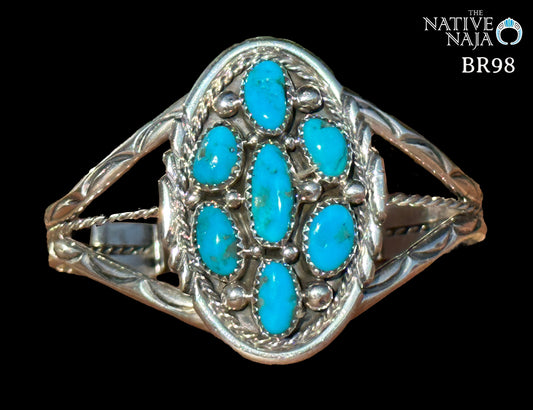 Navajo Melvin Chee Sterling Silver & Kingman Turquoise Cluster Cuff Bracelet BR98