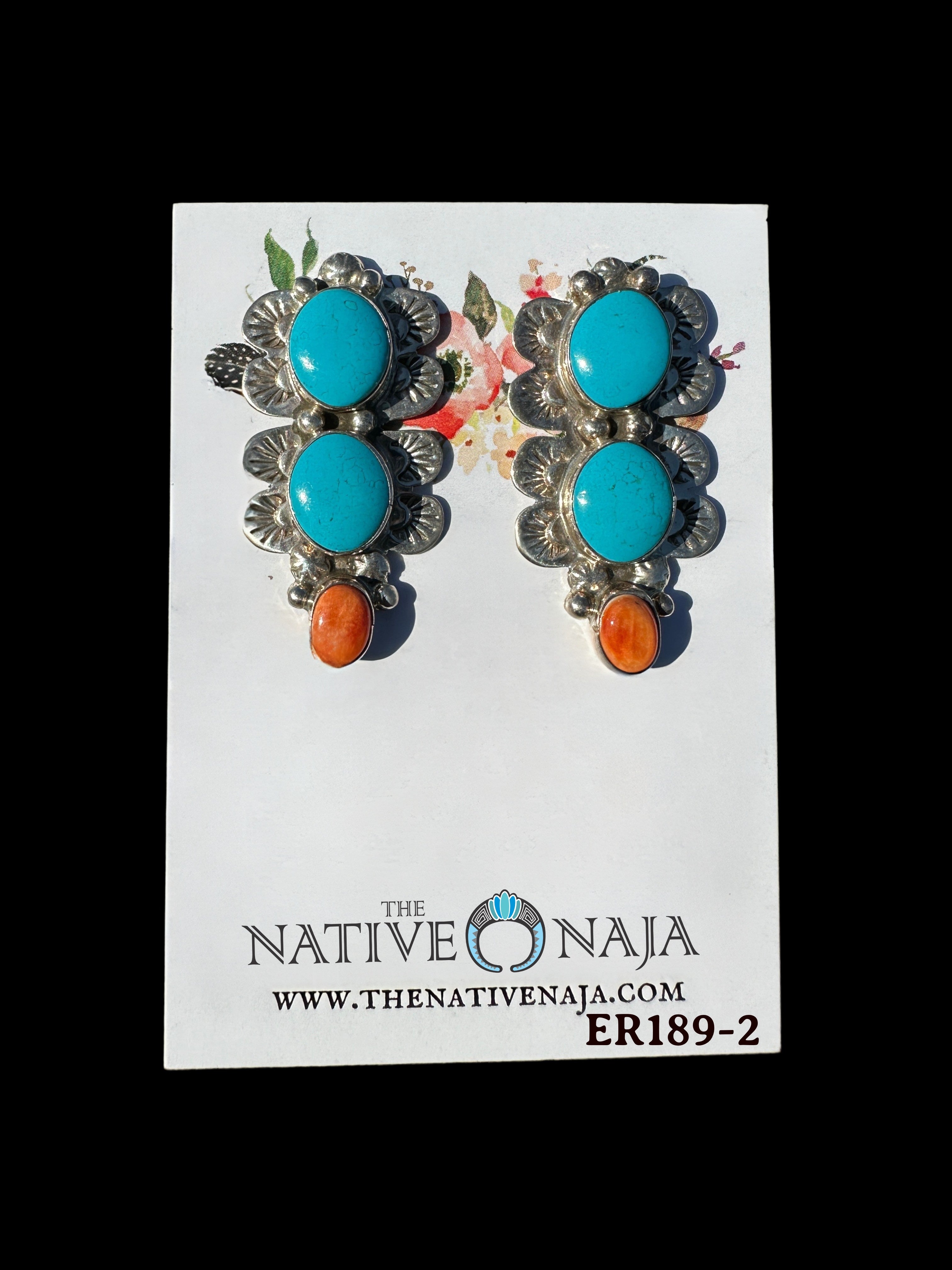 Navajo Jeff Largo Genuine Sterling Silver & Sonoran Beauty Turquoise & Spiny Oyster Post Earrings ER189-2