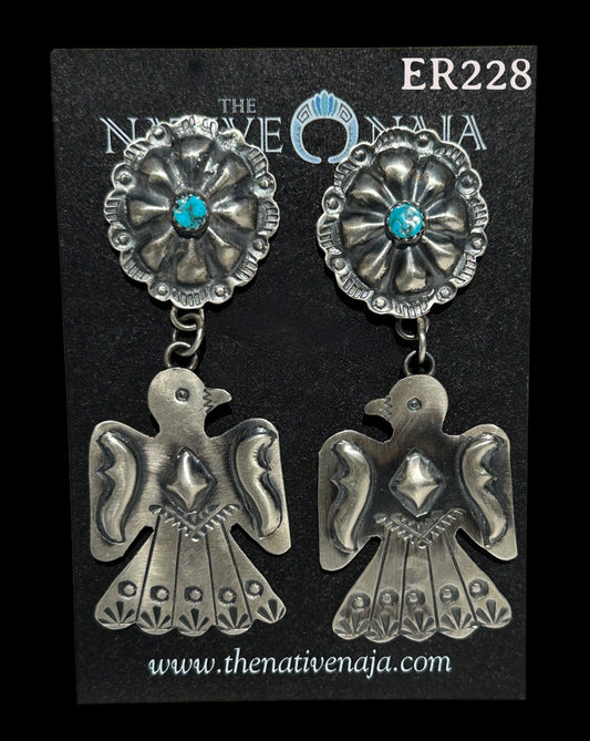 Navajo Tim Yazzie Sterling Silver & Turquoise Concho Thunderbird Post Earrings ER228