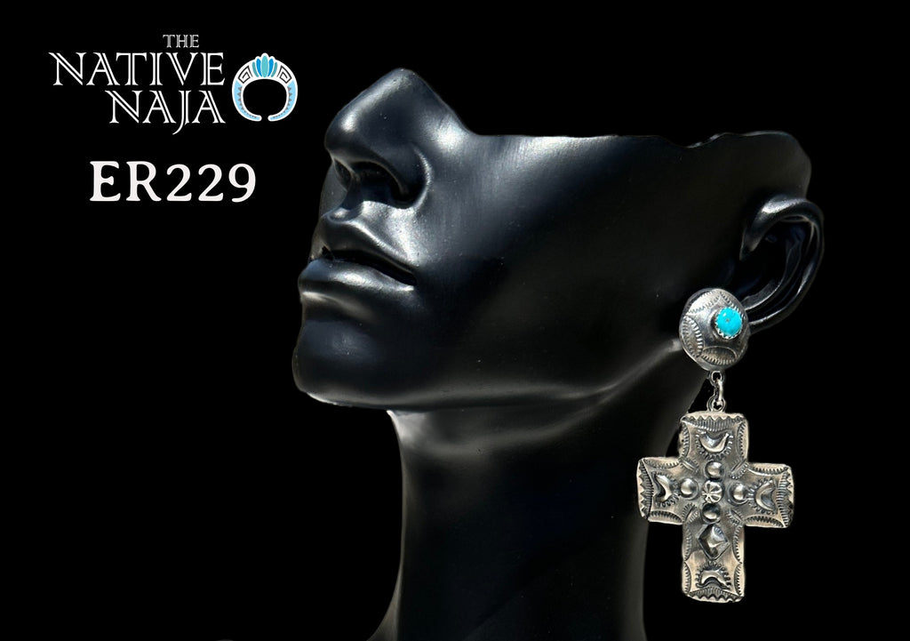 Navajo Tim Yazzie Sterling Silver & Turquoise Large Concho Cross Earrings ER229