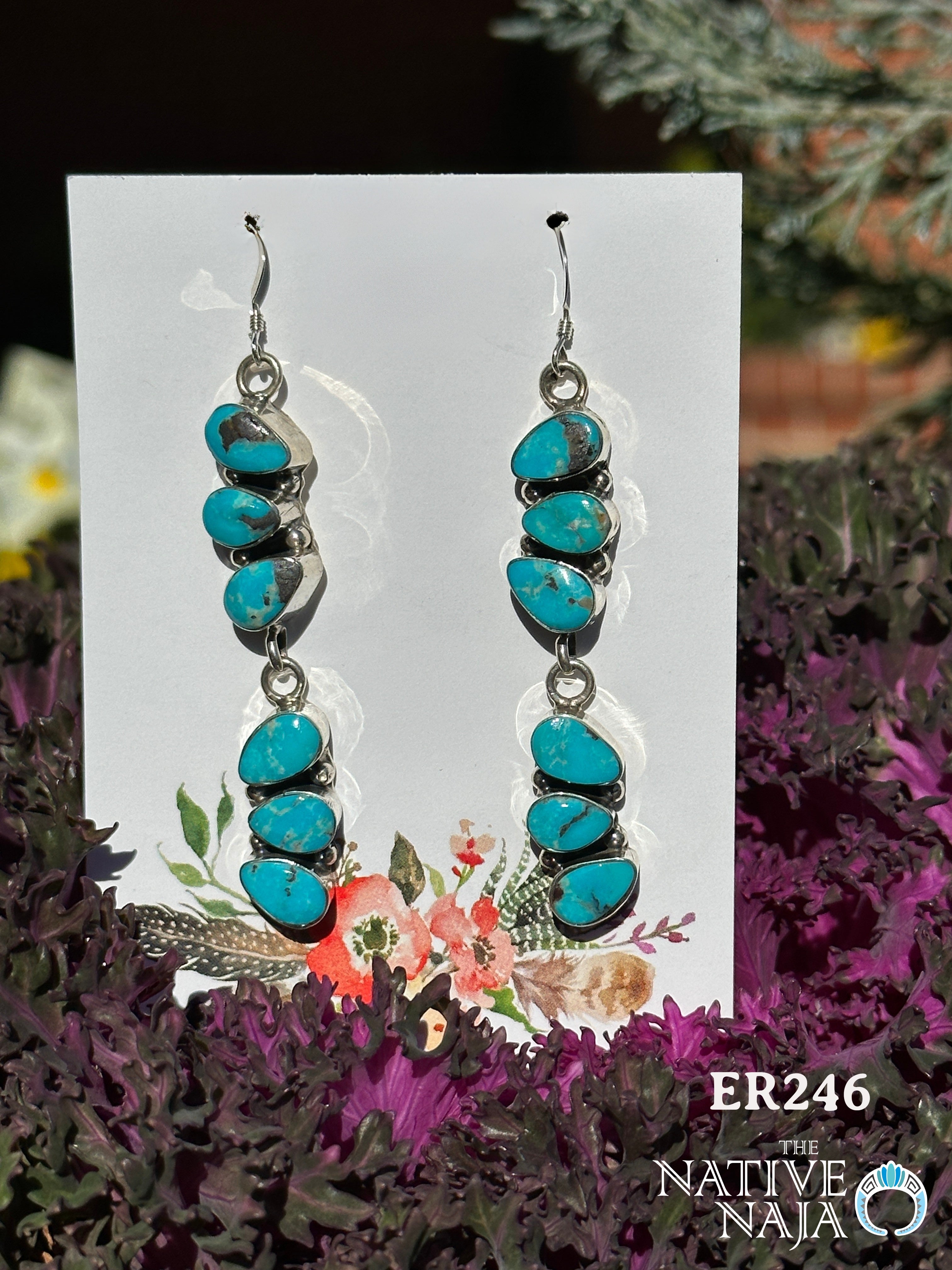 Navajo Loretta Delgarito Kingman Turquoise & Sterling Silver French Hook Drop Earrings ER246