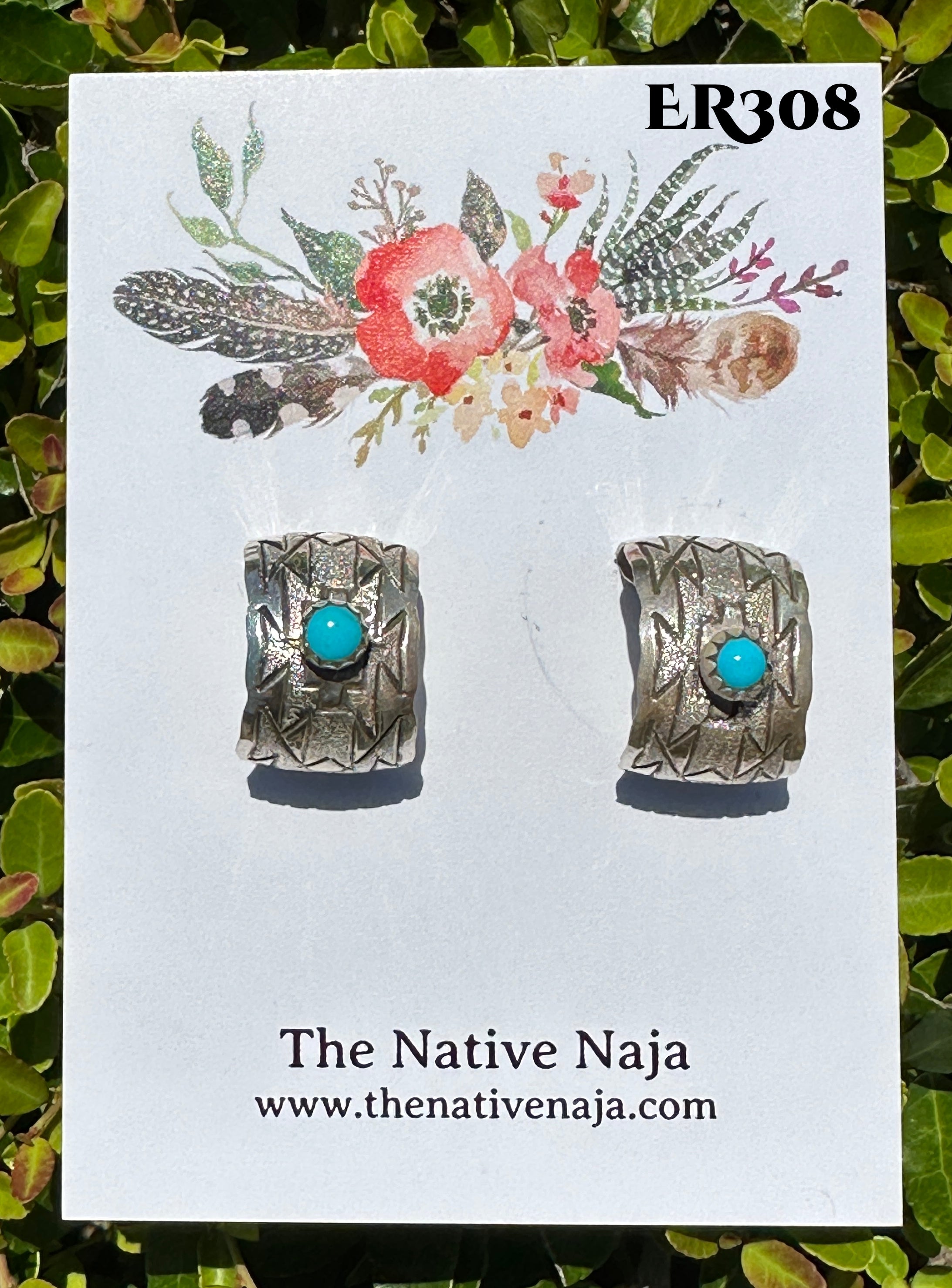 Navajo Florence Tahe Hand Stamped Sterling Silver & Turquoise Half Hoop Post Earrings ER308