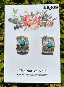 Navajo Florence Tahe Hand Stamped Sterling Silver & Turquoise Half Hoop Post Earrings ER308