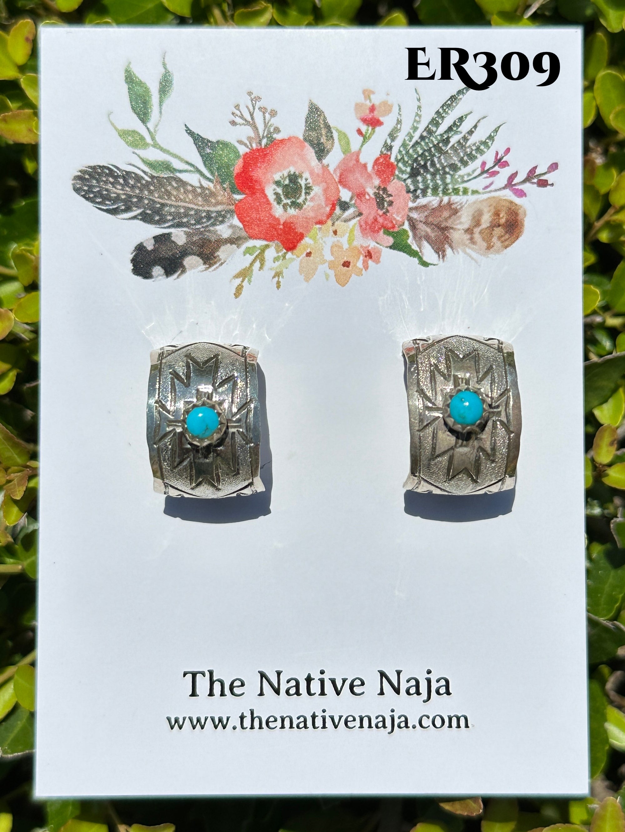 Navajo Florence Tahe Hand Stamped Sterling Silver & Turquoise Half Hoop Post Earrings ER309
